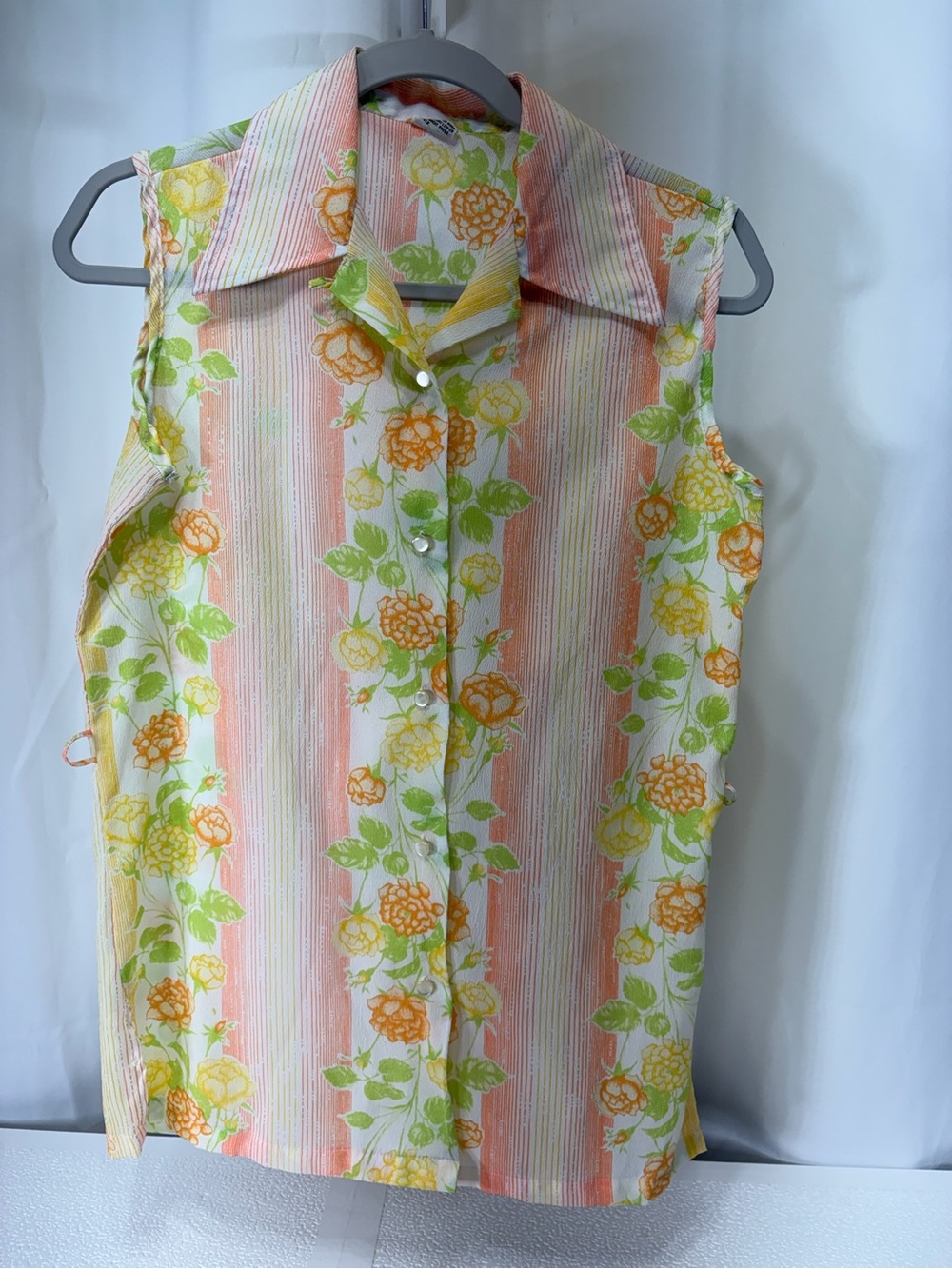 Miss KG Sleeveless Floral Stripe Button-Front Blouse Peach, Yellow & Green 3195